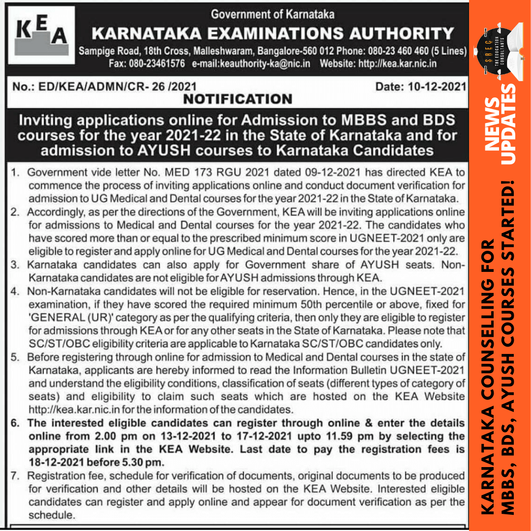 Karnataka Counselling for MBBS, BDs, Ayush Courses Started!